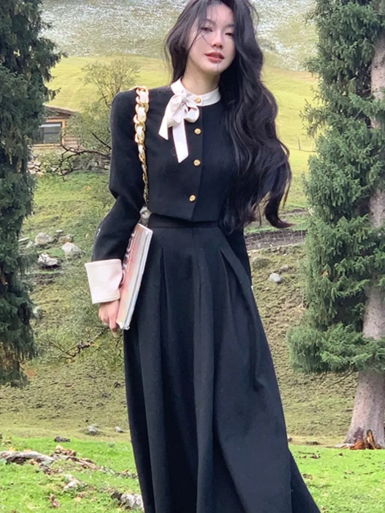 여성용 긴팔 레이스업 싱글 브레스티드 탑 + A라인 미디 스커트, 한국 스타일 투피스 세트, 용수철 가을 트렌드, 여성 패션 