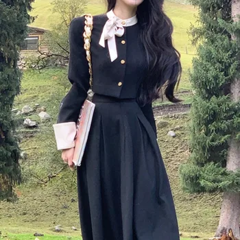 여성용 긴팔 레이스업 싱글 브레스티드 탑 + A라인 미디 스커트, 한국 스타일 투피스 세트, 용수철 가을 트렌드, 여성 패션