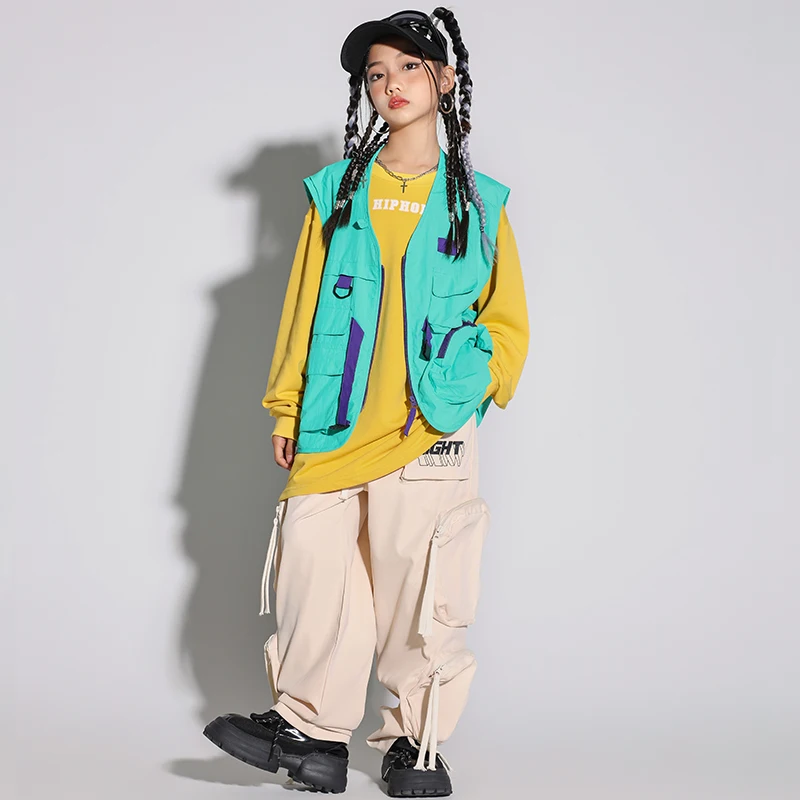 Kid Hip Hop Clothing Black Sleeveless Jacket Vest Casual Wide Cargo Pants Streetwear For Girl Boy Jazz Dance Costume Clothes