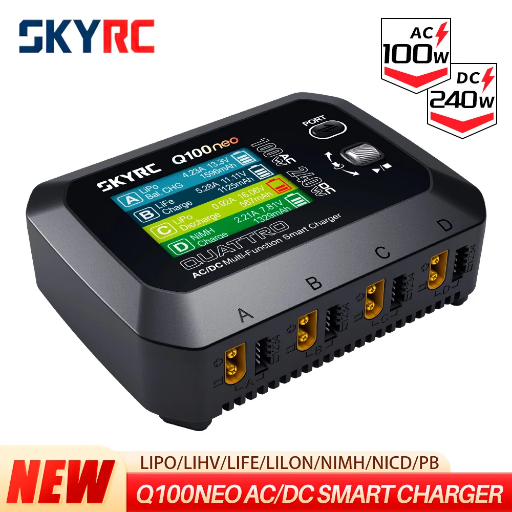 Chargeur SkyRC Q100neo en fonctionnement affichant les paramètres de charge sur l'écran LCD