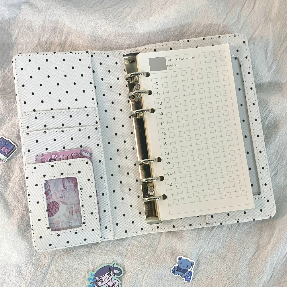 Quaderno A6 a pois con rilegatura a 6 anelli, portatile, per scrapbook fai da te, diario, album fotografico multitasche, agenda, regalo scolastico - immagine 3