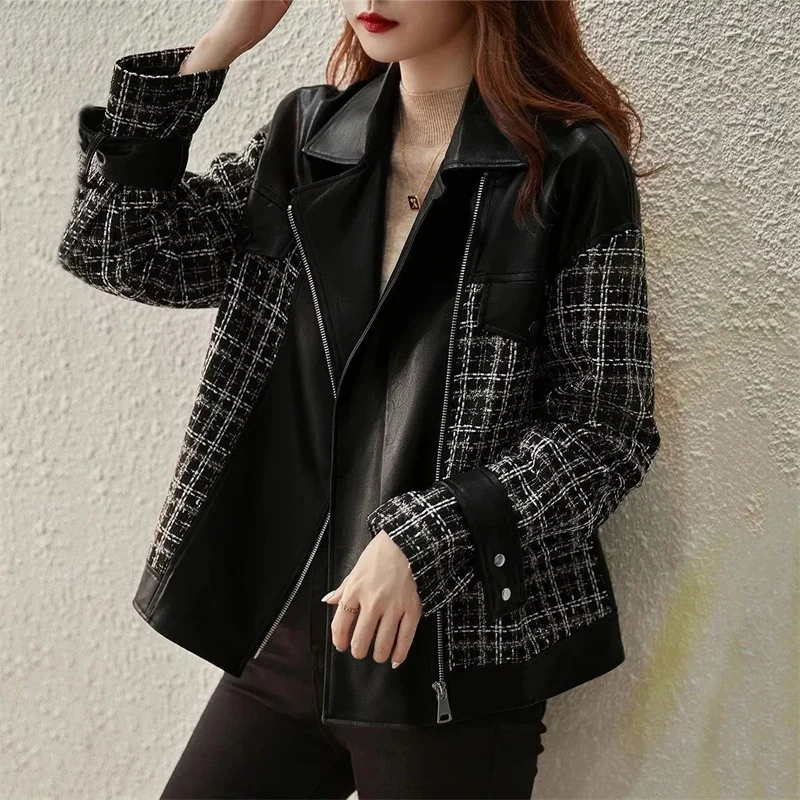 

2024 New Female V-neck Leisure Coat Spring Autumn Women Locomotive Leather Jacket Lady Xiaoxiangfeng Fashion Versatile Outerwear