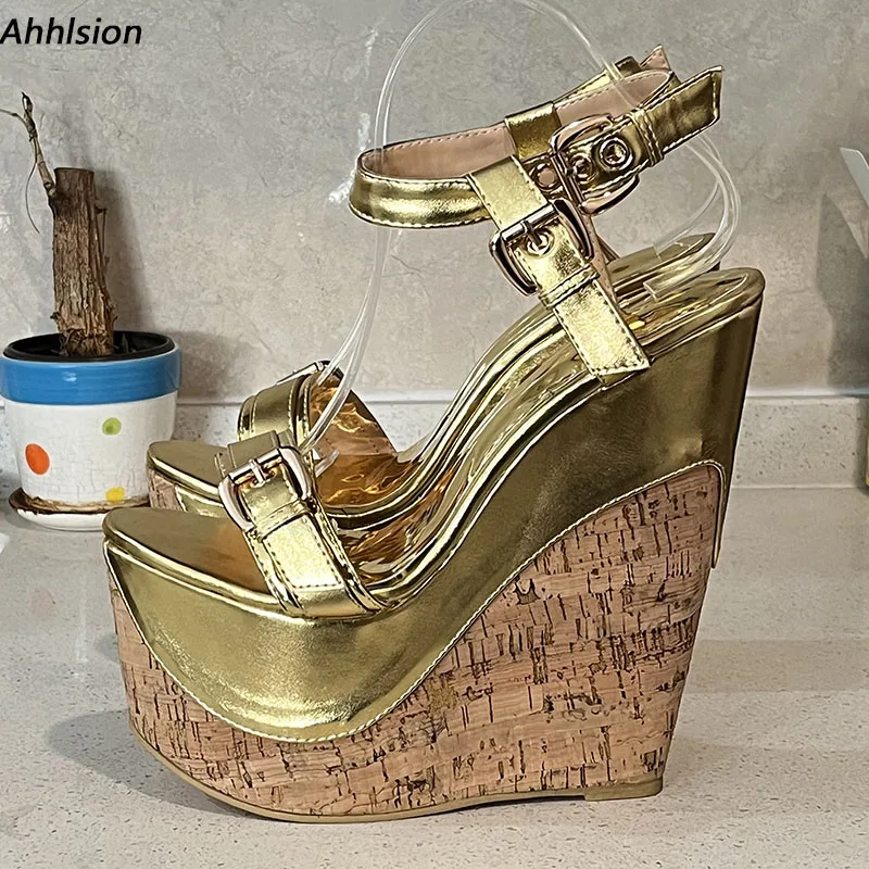 

Ahhlsion Handmade Women Summer Sandals Buckle Strap Wedges Heeled Round Toe Pretty Gold Silver Party Shoes Ladies US Size 4-15