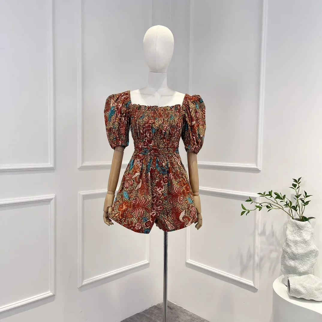 Cotton 2023 New Top Quality Floral Print Vintage Puff Sleeve Pleated Elastic Drawstring Waist Holiday Style Woman Playsuits