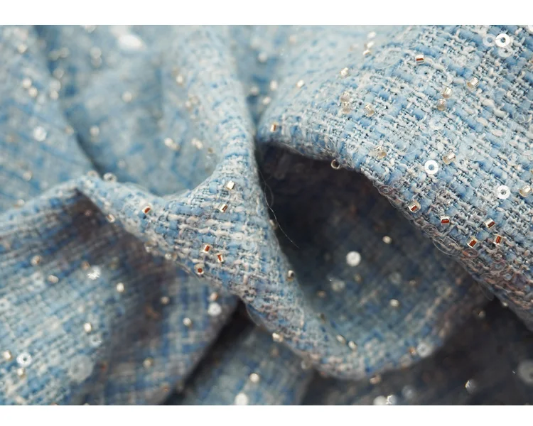 Heller babyblauer Pailletten-Tweedstoff, glitzernder Perlenstoff für Damenjacken, Röcke, Anzüge, DIY-Nähen, Designer-Material, mehrfarbig – Detail 5