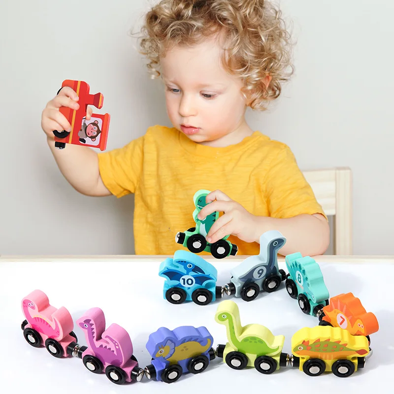 Wooden Building Blocks toys Dinosaur Train Set with Farm Animals Blocks  Stacking Learning Educational Toys Children Gift 6