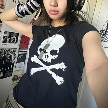 Vintage Grunge Graphic Print Short Sleeve T-Shirt Y2k Slim Crop Top Gothic Skull Punk Streetwear Women's Tee Summer Casual 90s 1