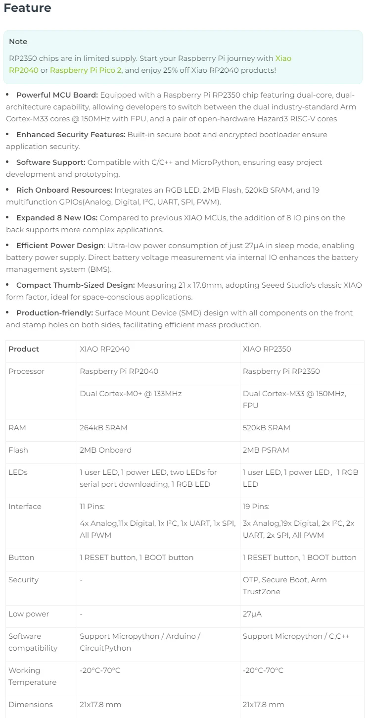 5pcs/1pc Seeed Studio XIAO RP2350 Development Board Module Raspberry Pi MicroPython 150MHz Arm Cortex-M33 and Hazard3 RISC-V