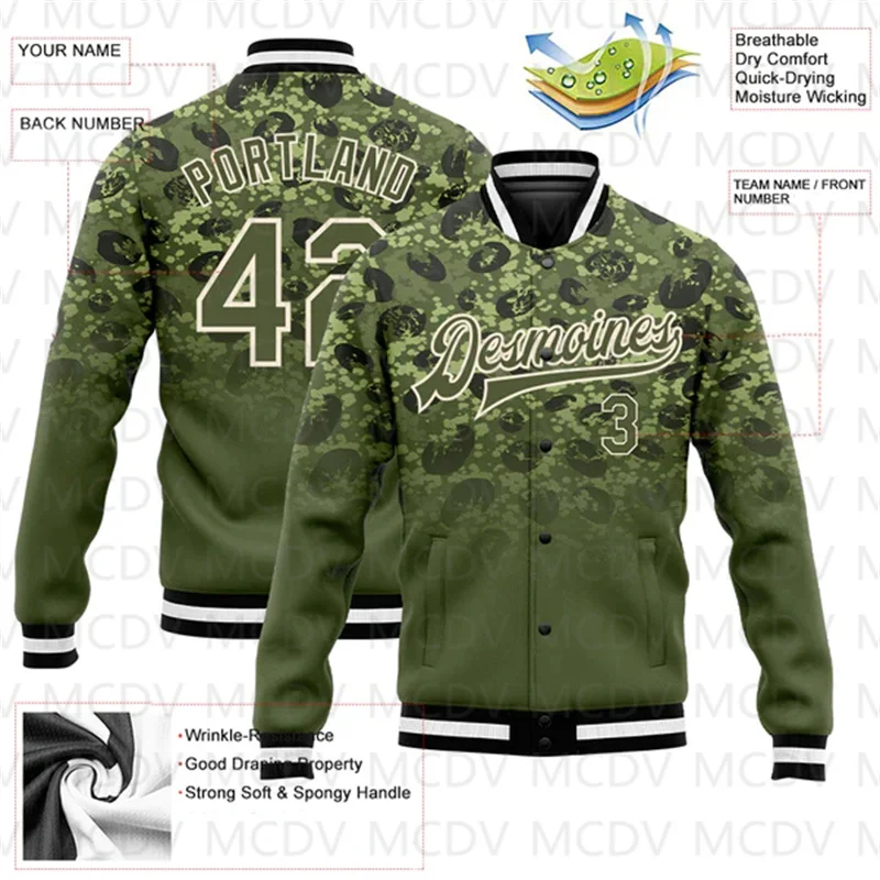 Custom Green Neon Green-White 3D Pattern Design Bomber Full-Snap Varsity Letterman Jacket