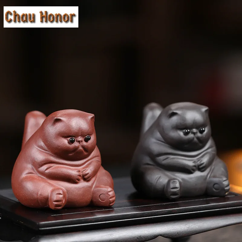 Yixing Purple Clay Tea Pet Lovely Fat Cat  Statue Ornaments Tea Figurine Desktop Crafts Chinese Raw Ore Zisha Tea Set Decoration