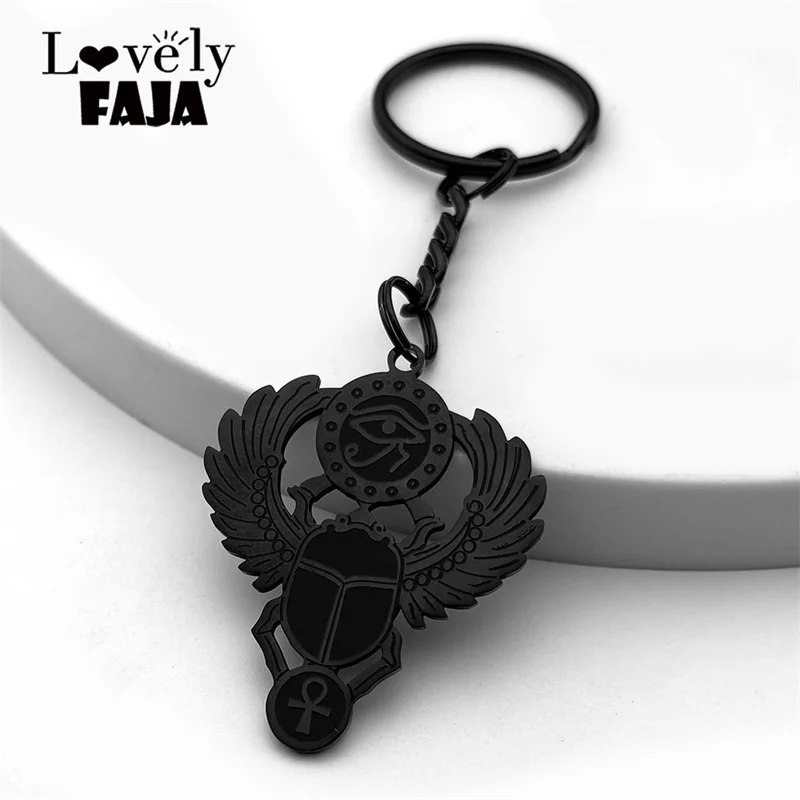 Ägyptischer Skarabäus Auge des Ra Horus Symbol Schlüsselanhänger für Damen Herren Edelstahl Goldfarbe Ankh Schlüssel des Lebens Taschenanhänger Schmuck