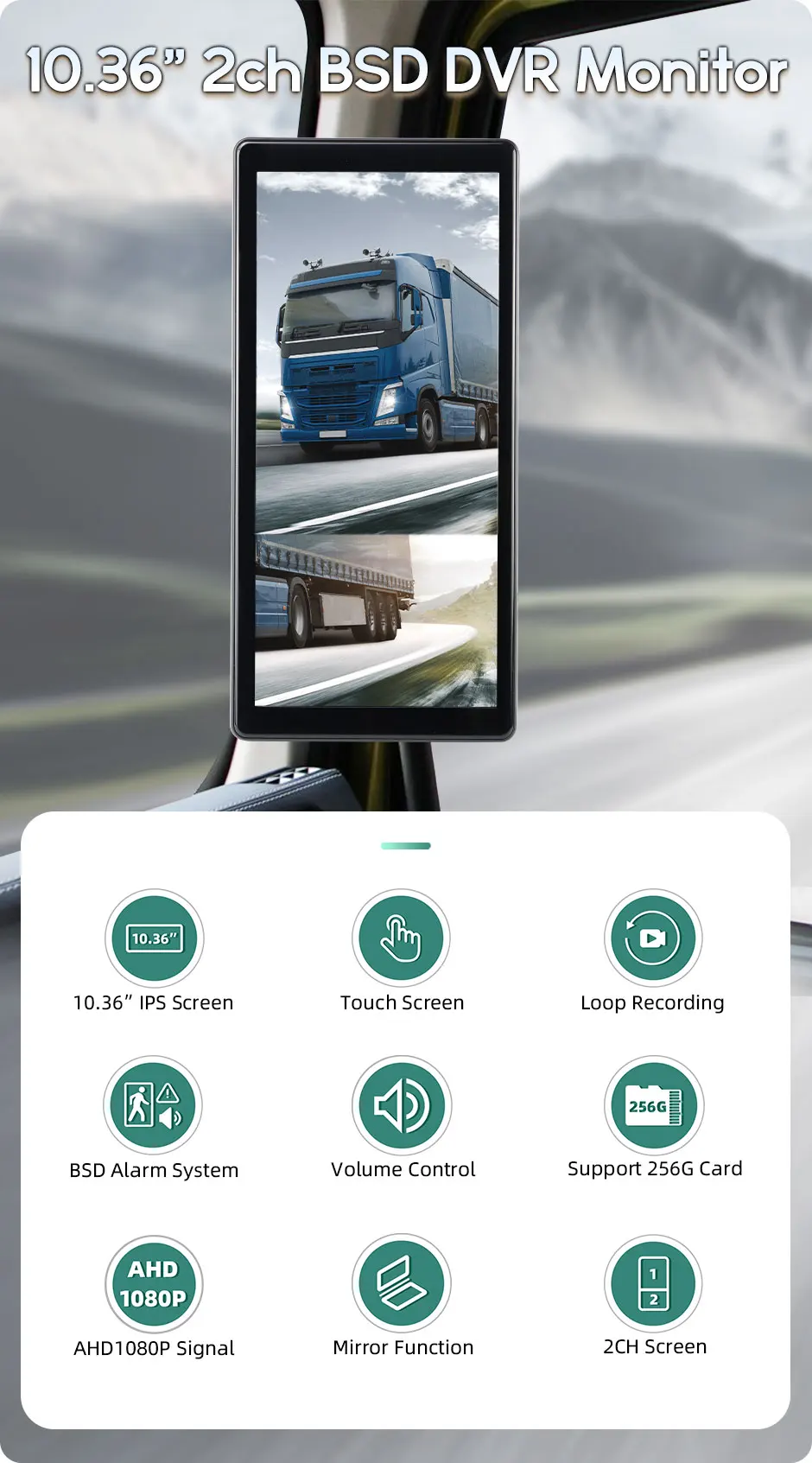 Description Picture 3 of itemGreenYi BSD Radar Alarm Car DVR Video Recording 2 Channel AHD Side View Camera with Truck Buses 10.36 Inch Rear Mirror Monitor