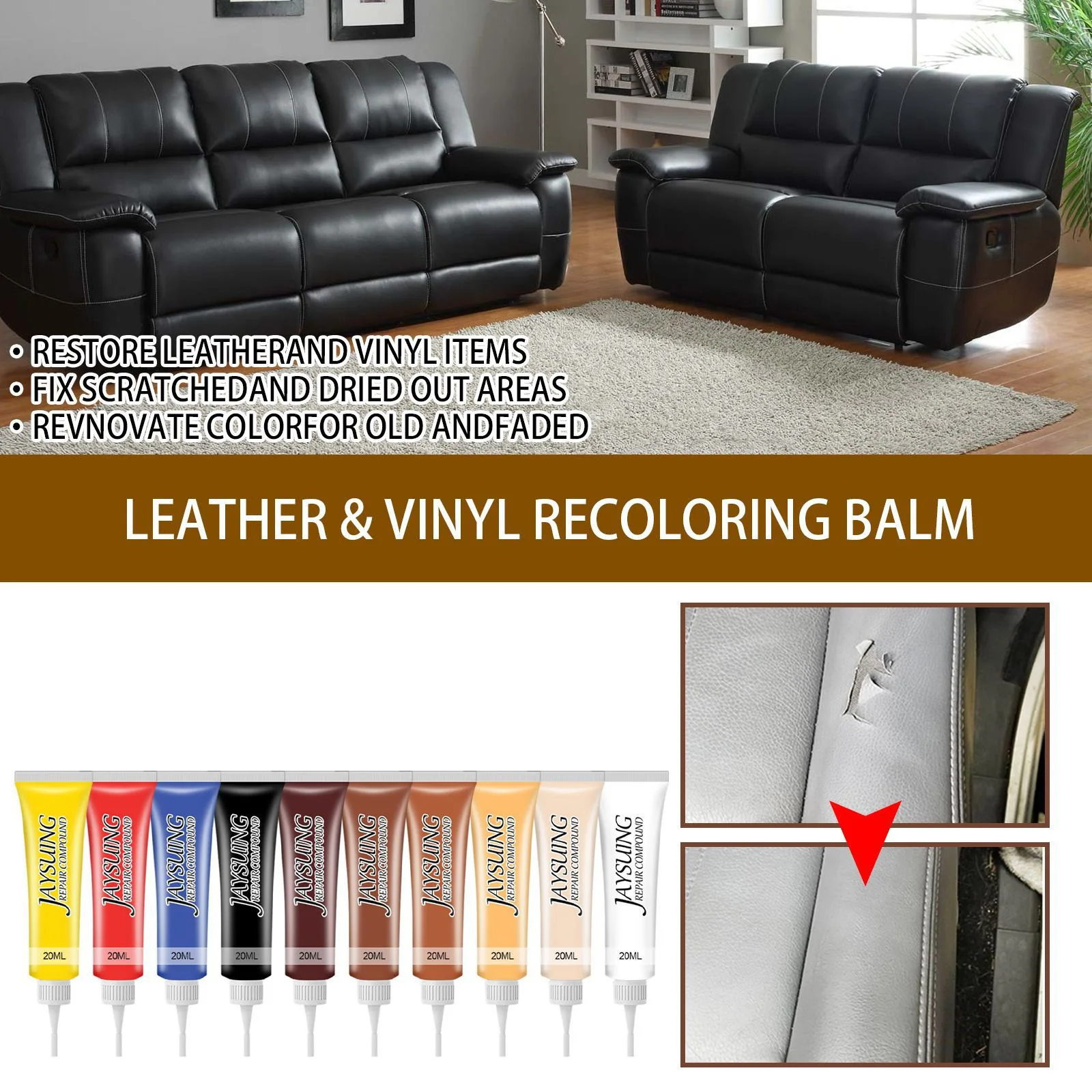 Leather Repair Gel 20ml Leather Repair Gel Color Car Repair Scratches Cracks Sofa Auto Seat Leather Complementary Refurbish Cream Paste