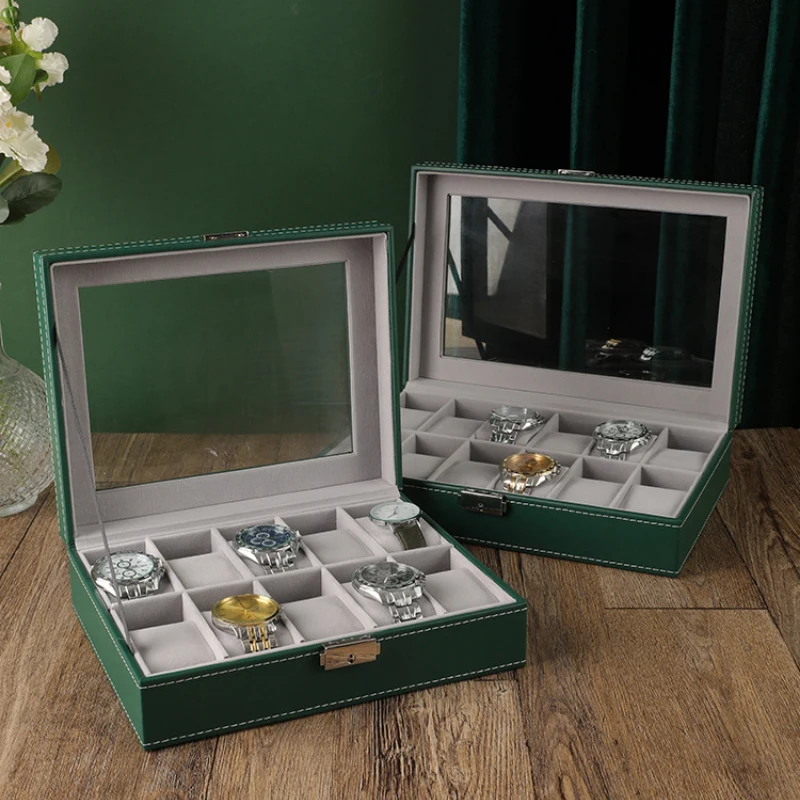 

6/10/12 Slot New Green Watch Storage Box Transparent Glass Skylight Watch Display Watch Organizer Luxury Box Best Gift Display