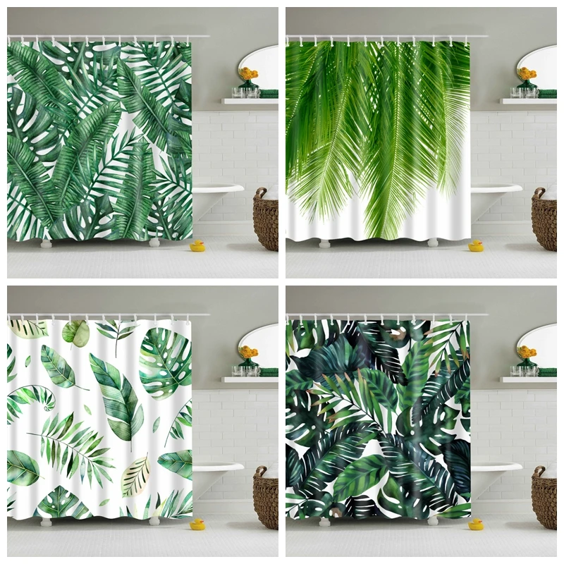 Green Tropical Plant Shower Curtain Green Leaves Waterproof Polyester Decor Customized Large