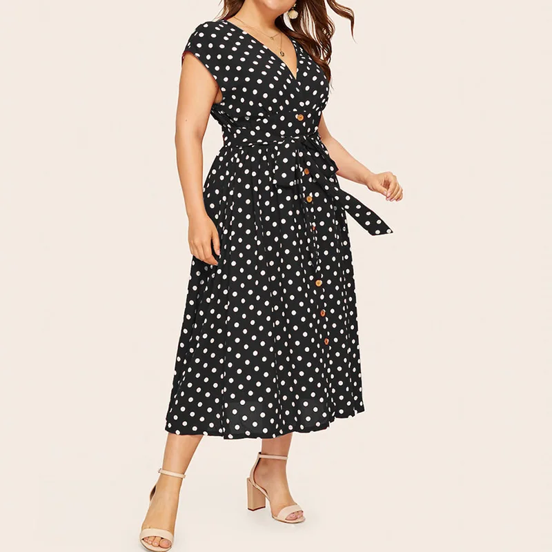 Bohemian V-Neck Polka Dot Patchwork Button Short Sleeve Female Summer Casual Vacation Crimping Lacing Waist Long Dress Plus Size