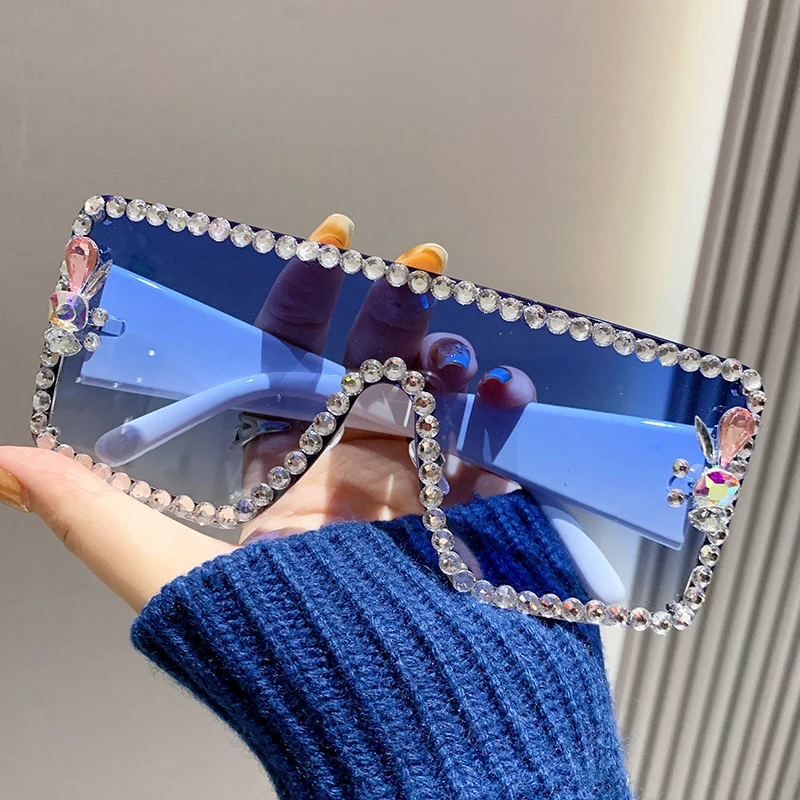 2025 Large Frame Diamond-set Sunglasses Women's Anti-ultraviolet Glasses One-piece Sunglasses Rhinestone Glasses - Image 4
