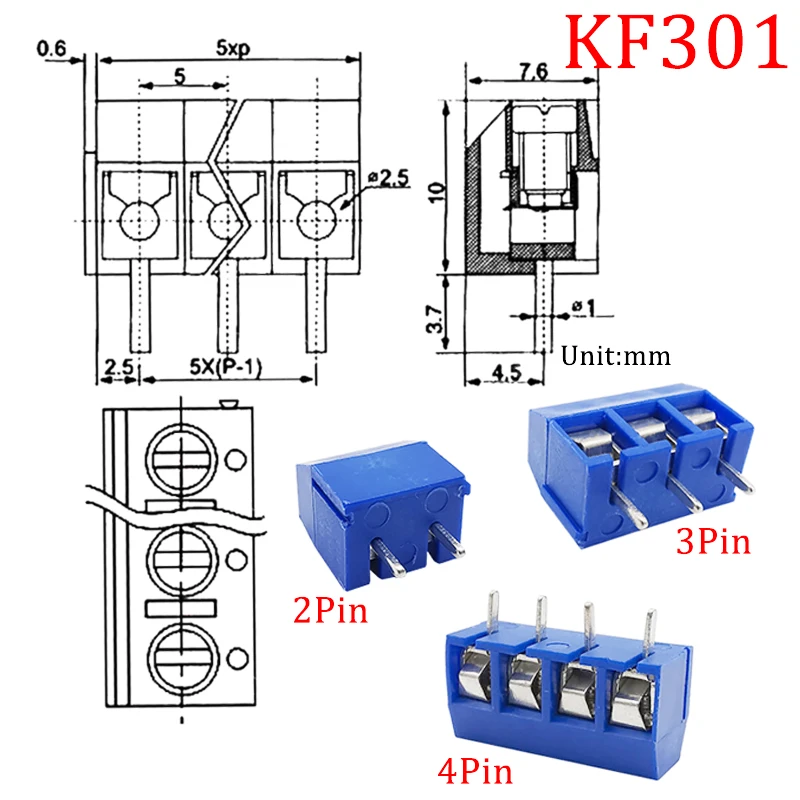 10Pcs KF301 Spliceable Wire Terminal Block PCB Mount Connector