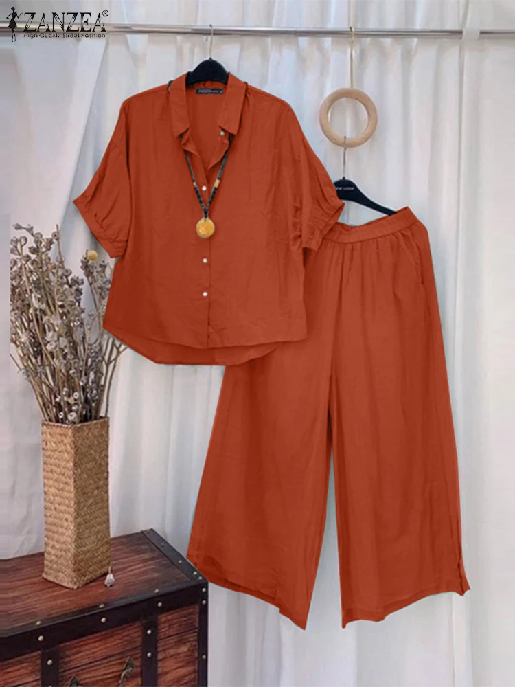 

Брюки ZANZEA женские с широкими штанинами, шикарный Повседневный однотонный брючный костюм для отдыха, рубашка с коротким рукавом, комплект из 2 предметов, лето 2024