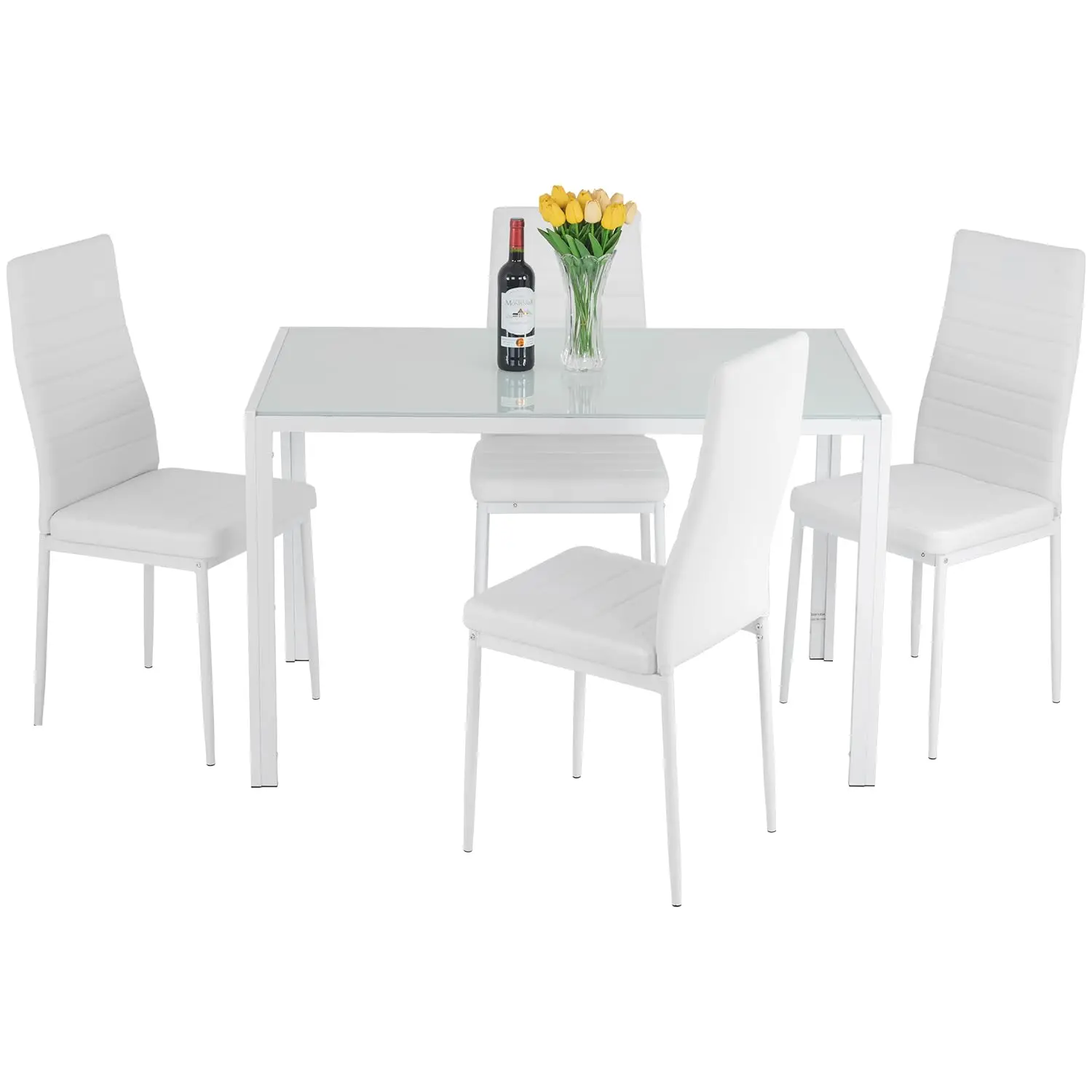 FDW | 5-Piece Dining Table Set Black Glass Kitchen Table with 4 Upholstered Chairs and Faux Leather Cushions Space-Saving — Buff