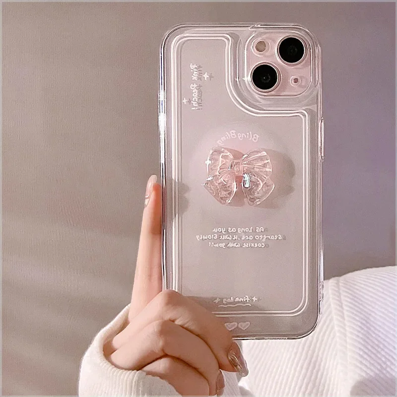 Elegant Korean 3D Crystal Bow Clear Phone Case - Soft Cover
