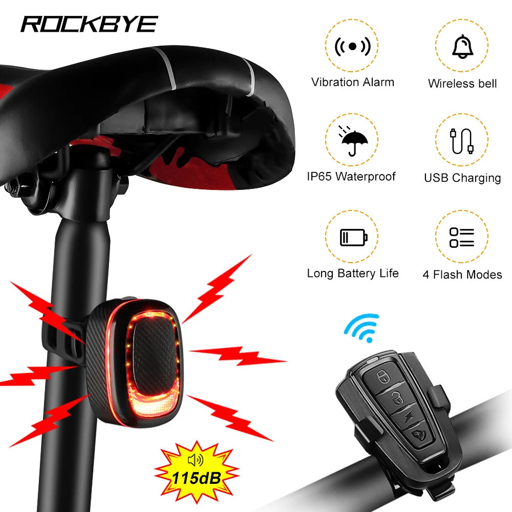 Rockbye Bike Alarm Tail Light Brake Sensing Lamp Wireless Remote Control Horn USB Charging IPX65 Waterproof Bicycle Rear Light