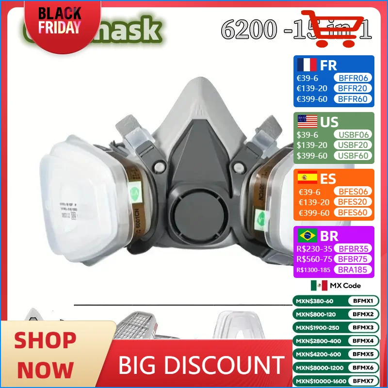 7in1/16in1 6200 Dust Gas Respirator Half Face Dust Mask For Painting Spraying Organic Vapor Chemical Gas Filter Work Safety
