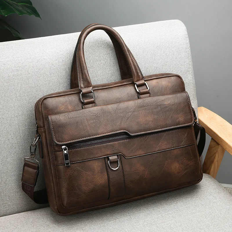 Luxury Briefcase for Men PU Leather Office Handbag Laptop Vintage Shoulder Business Messenger Crossbody Side Portafolio Bag