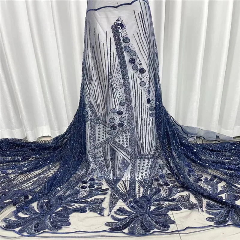 

New French Tulle Lace Fabric 2023 High Quality Nigerian Wedding Luxury Handmade Beads Sequins Embroidery African Lace Fabric