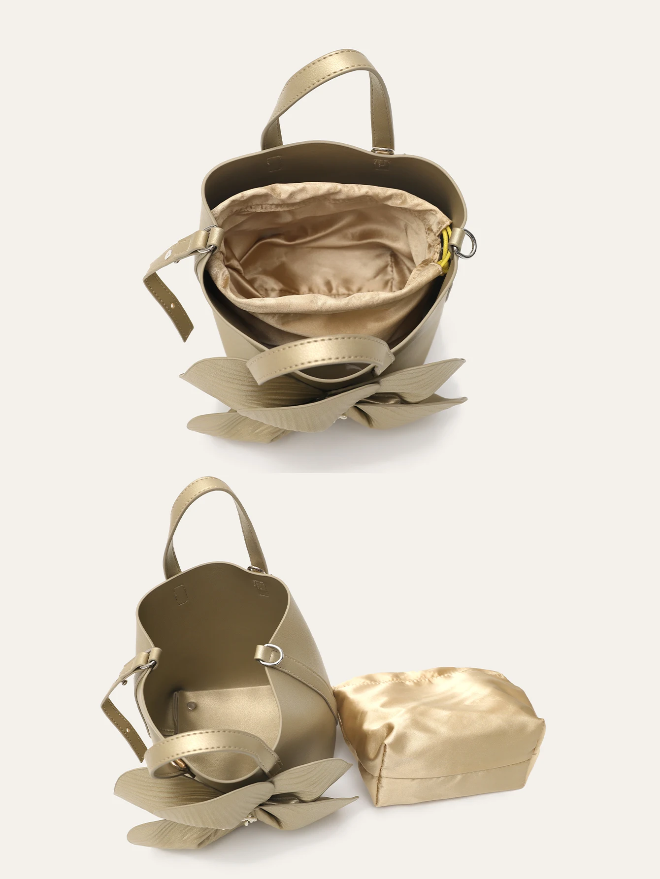 حقيبة كتف جلد نباتي معدني أنيقة للسيدات، مزينة برب...