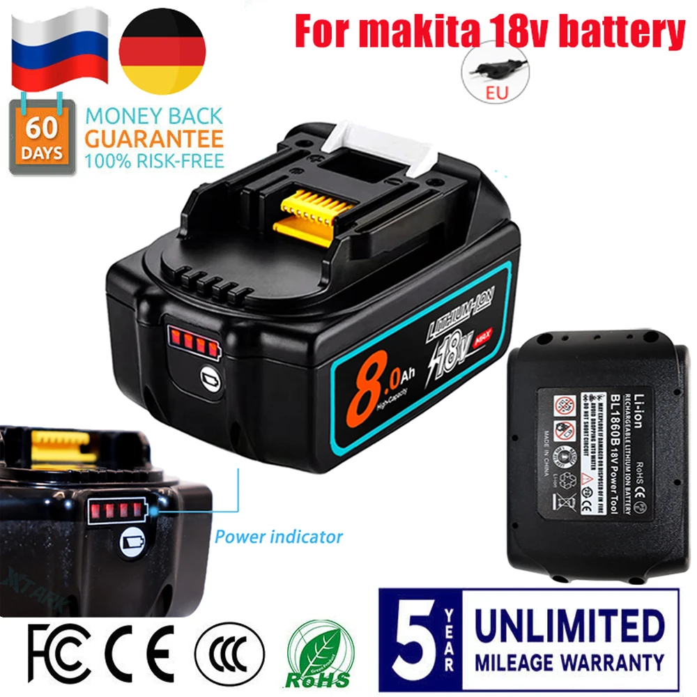 

Аккумулятор 18 в для makita BL1860 Li-Ion 18 в 8 Ач BL1840B BL1860 BL1890 BL1815 BL1830 BL1835 Аккумуляторы для беспроводных дрелей LXT 400