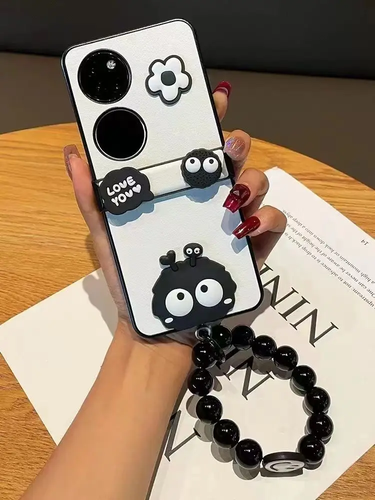 Capa de celular coreana Kawaii com contas de bola de carvão e flor para Huawei P50 Pocket P50Pocket Pocket 2 Pocket2 Cover Funda_voghion.com