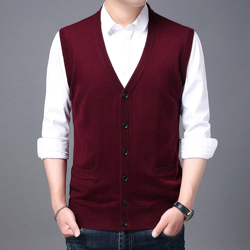 Men sweater vests mens knitted vest Men Wool Blended Vest Sweater Sleeveless Button Knitted Jacket Men's V-neck Cardigan Solid Color Jacket Winter Warm Top
