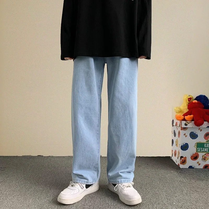 2024 New Korean Fashion Baggy Jeans Men Streetwear Loose Straight Wide Leg Pants Male Brand Clothing Black Light Blue 5