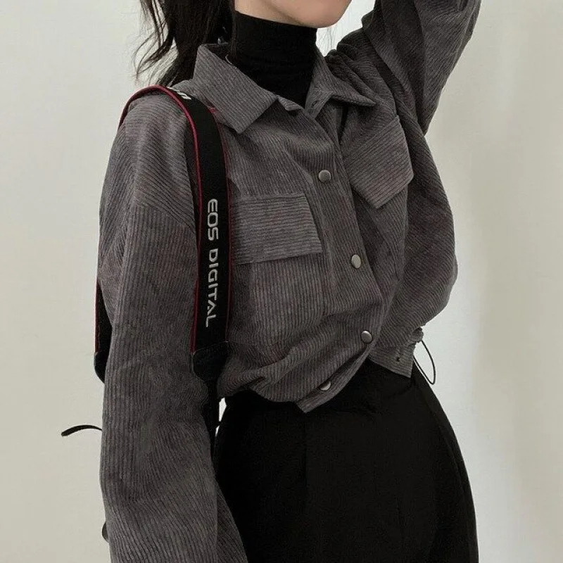 

Chic Pockets Long Sleeve Cropped Blouse for Women Corduroy Drawstring Short Jacket Woman Korean Wild Solid Color Coats