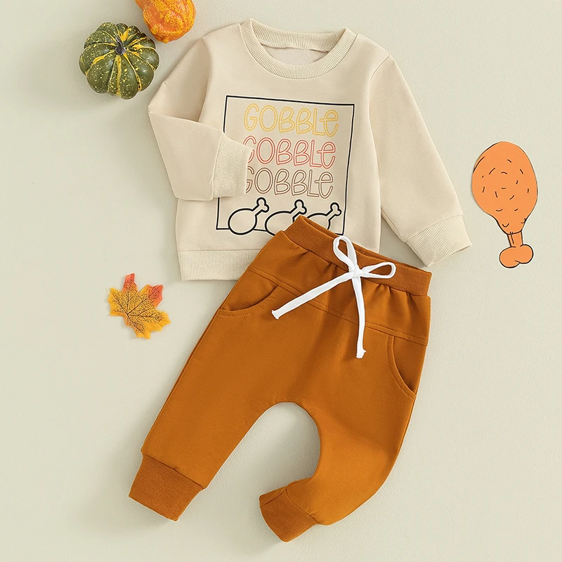 

Toddler Boy Thanksgiving Clothes Sets Spring Autumn Letter Print Long Sleeve Pullover Elastic Waist Pants 2Pcs Warm Outfit
