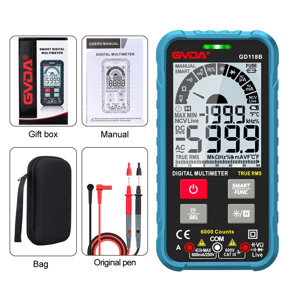 self centering tape measure Digital Multimeter Voltage Tester True RMS Capacitor 6000 Counts Transistor Meter AC DC Hz Ohm Tester NCV Universal Multimetro carpenter tape Measurement & Analysis Tools