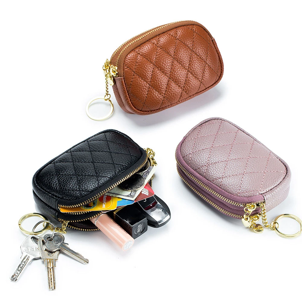 Monederos de cuero con cremallera para mujer, billetera pequeña para llaves de coche, monedero tarjetas de | - AliExpress