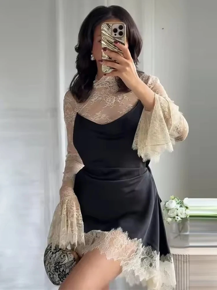 Sexy Lace Splice Mini Dress Woman Elegant Flared Sleeve See Through Short Dresses For Women Club Evening Party Dresses 2026 New