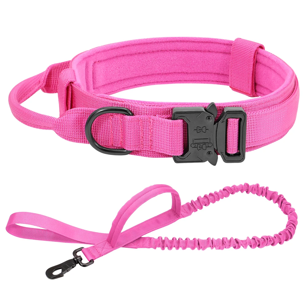 Durable Tactical Dog Collar Leash Set Adjustable Military Pet Collar Bungee Leash Medium Large Dog German Shepherd Red Blue Pink