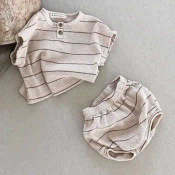 Summer Baby Clothing Set Infant Girls Striped Tee and Bloomer 2PCS Toddler Boys Short Sleeved Top Suit 1