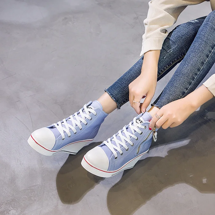 8CM Wedge Canvas Shoes Woman Platform Vulcanized Shoes Hidden Heel
