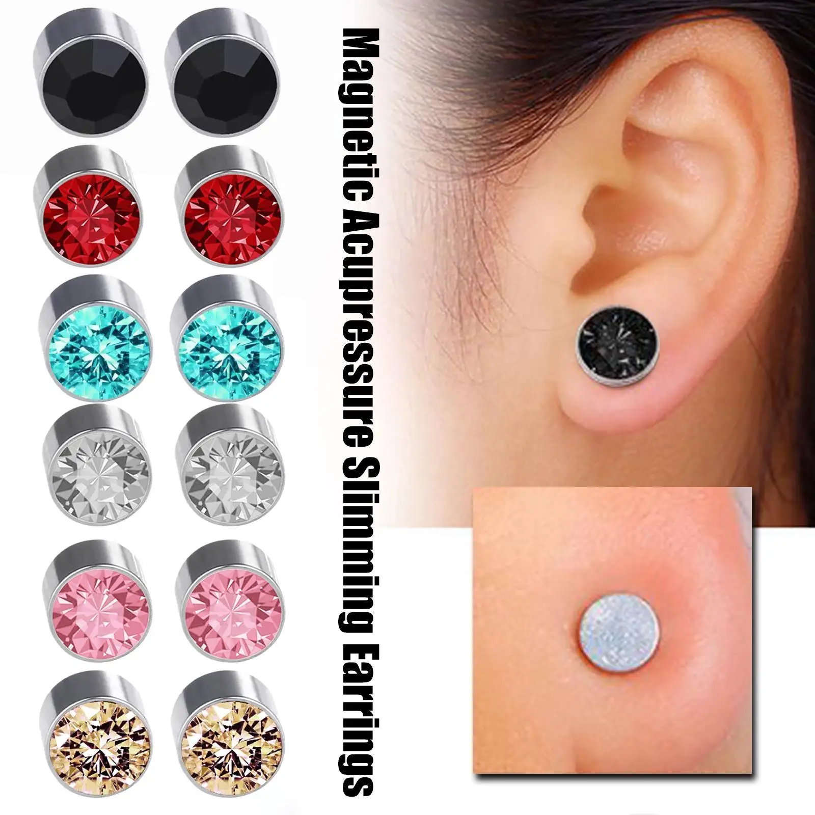 Slimming Detox Magnetic Ear Studs Men Women Stud Earrings Round Magnet Crystal Stone Earring No Ear Hole Nails