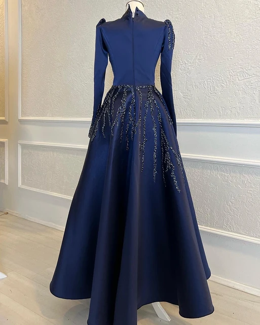 Navy Satin Beaded Long Sleeve Hijab Muslim Evening Dresses Moroccan Caftan High Neck Formal Party Ball Gown Robe De Soiree 6