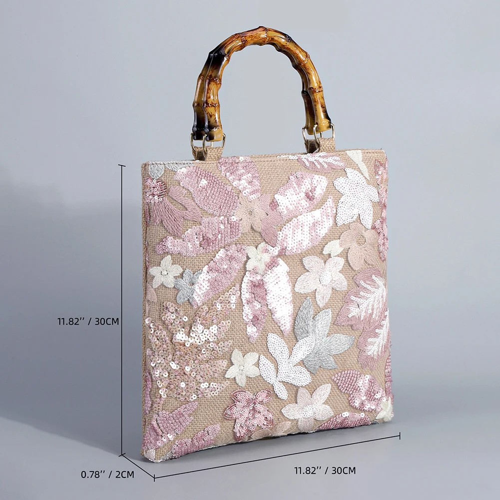 Floral Embroidery Sequin Tote Bag Bamboo Handle Bohemian Handbag Vintage Shopper Purse for Women Work Shopping Travel