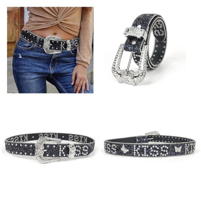 

X5QE Grunge Glittered Belts for Jeans Studded Diamante Belt for Punk Girls Street