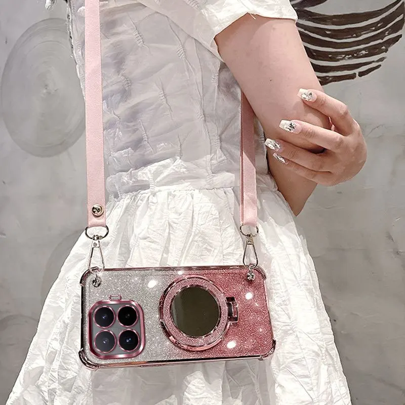 Shockproof Plating Crossbody Lanyard Case with Makeup Mirror Holder