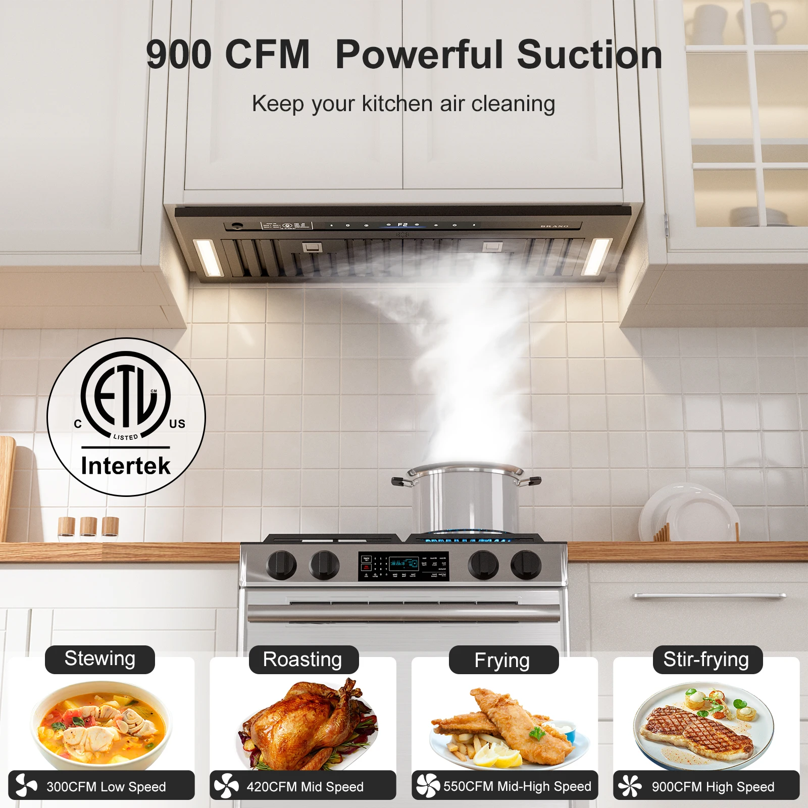 Range Hood Insert 30 Inch, 900 CFM Voice/Gesture/Touch Control Build-in Kitchen Hood Vent with 4 Speed Exhaust Fan, Memory Mode