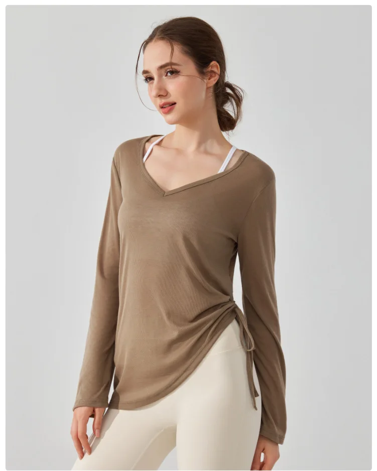 thumbnail image 1 of Top deportivo plisado con cordón para mujer, cubierta holgada para correr, cubierta de cadera de manga larga, traje Irregular para Pilates, Fitness y Yoga, 1 of 6