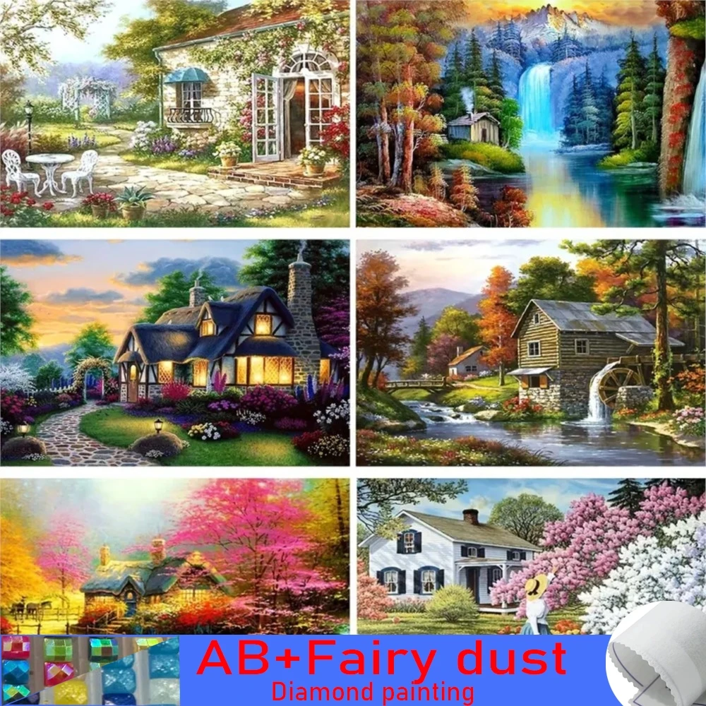 Diamond painting Diamond art painting kit Diamond painting set 5D DIY 120 colors AB fairy dust diamond painting landscape pictures the mountains lake forest hut photos handwork mosaic flower